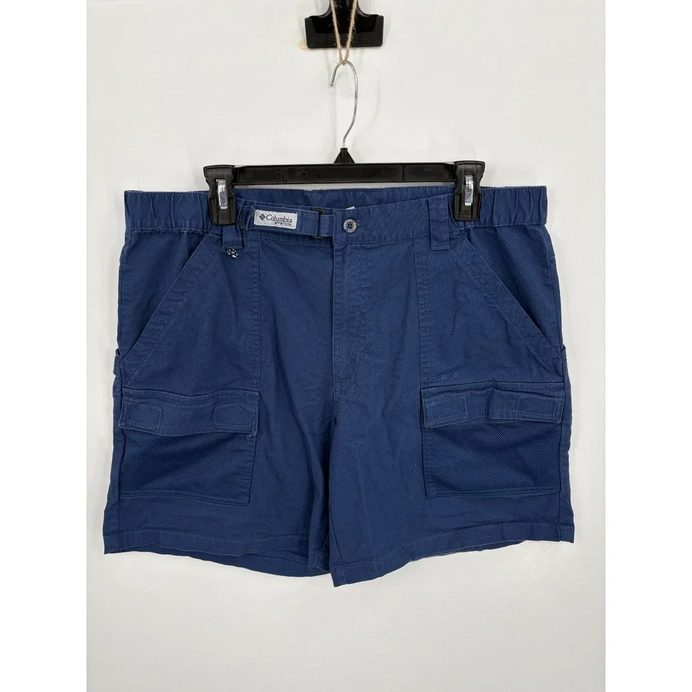 Columbia PFG Men's Blue Cotton Stretch Mesh Pocket Cargo Fishing Shorts, L, 8